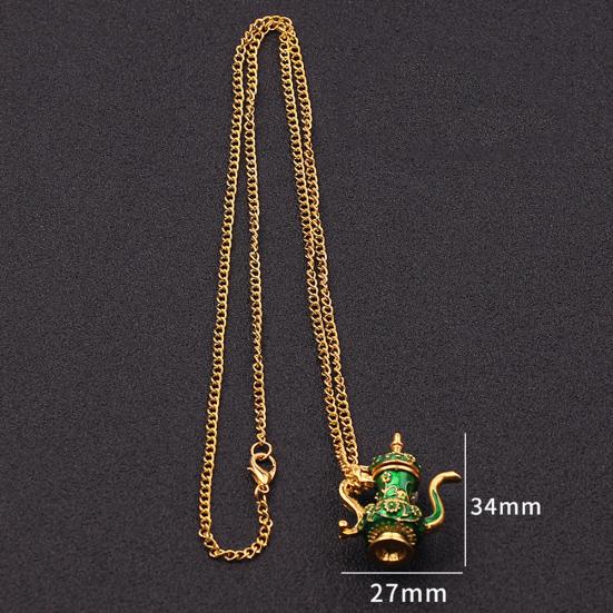 Vintage Enamel Green Teapot Pendant Long Chain Women Sweater Necklace Jewelry