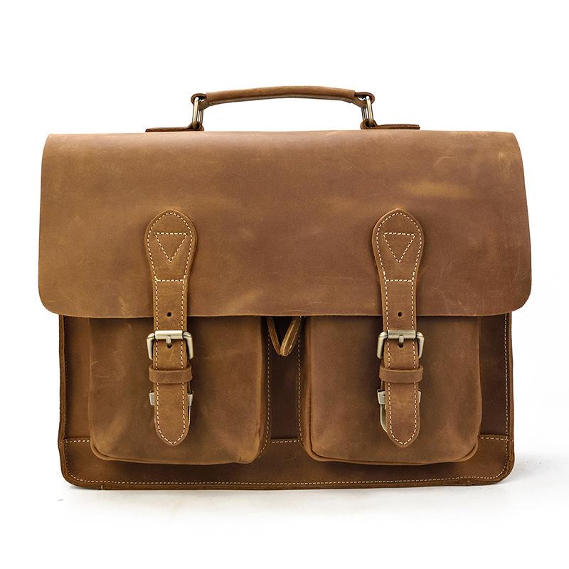 Men S Genuine Leather Briefcase Retro Crazy Horse Leather Handbag Commuter Computer Bag Shoulder Messenger Bag