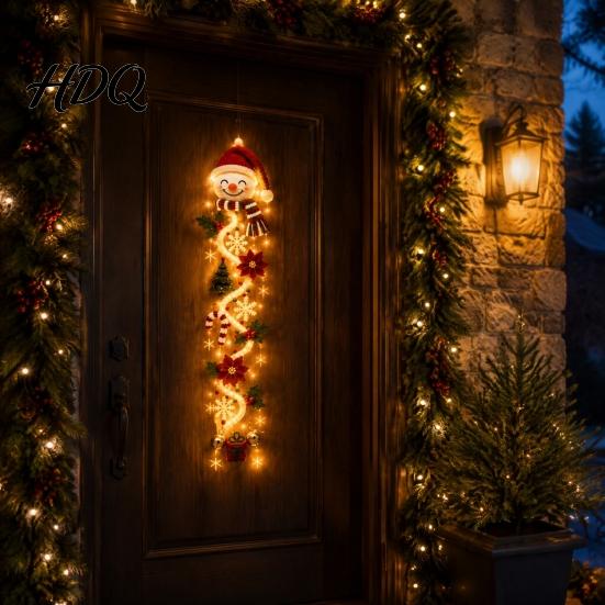 Handmade Look Xmas Ornament Glowing Christmas Door Hanger Crochet Spiral with LED Lights Snowman Santa Reindeer Lighted Holiday Hanger Angel