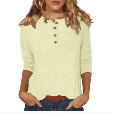 Women's Fashion Casual Seven-quarter Sleeve Solid Color Button Crew Neck T-Shirt Top