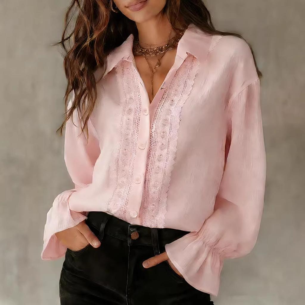 Blouse Mode Femme à Boutonnage Simple, Col, Panneaux en Dentelle, Manches Longues