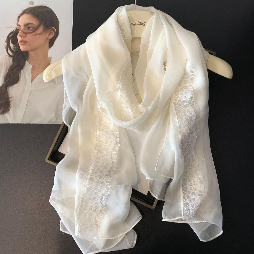 Lace Trimmed Lace Splicing Scarf Thin Beach Shawl Wraps Elegant Chiffon Scarf