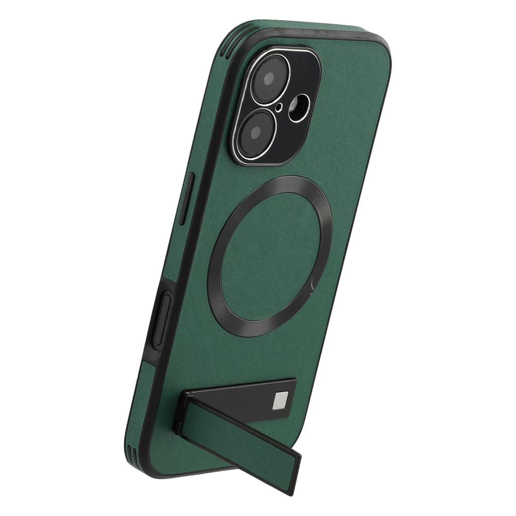 For iPhone 16 Kickstand Case Compatible with MagSafe PC+TPU+PU Phone Back Cover