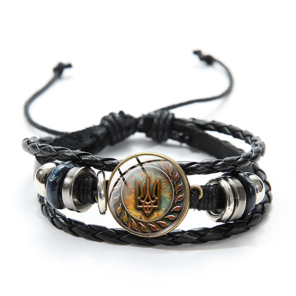 Ukrainian Flag Glass Charm Bracelet Blue Yellow Trident Graphic Vintage Handmade Woven Leather Beaded Bracelet