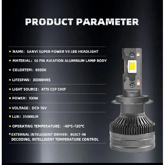 SANVI V3 LED Headlight H4 H7 LED 35000LM 200W Powerful Headlights H1 H11 9005 9006 Hb3 Hb4 9012 Led Bulb Turbo Lamp for Car