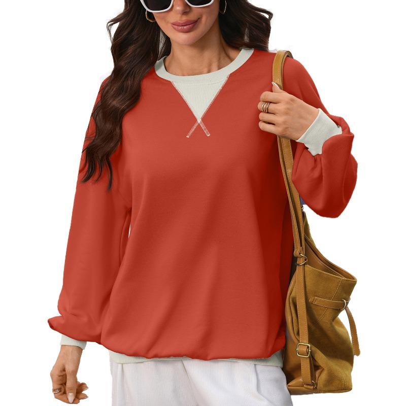 Women Loose Color Block Crew Neck Long Sleeve Casual Pullover Sweatshirt