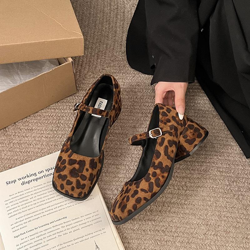 Fashion Spring Designer Leopard Print Woman Mary Jane Shoes Fashion Shallow Thick Heels Elegant Party Female Shoes Zapatos De Mujer