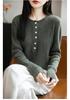 Women's Pure Wool Round Neck Knitwear – Long Sleeve Solid Color Button-Down Loose Top