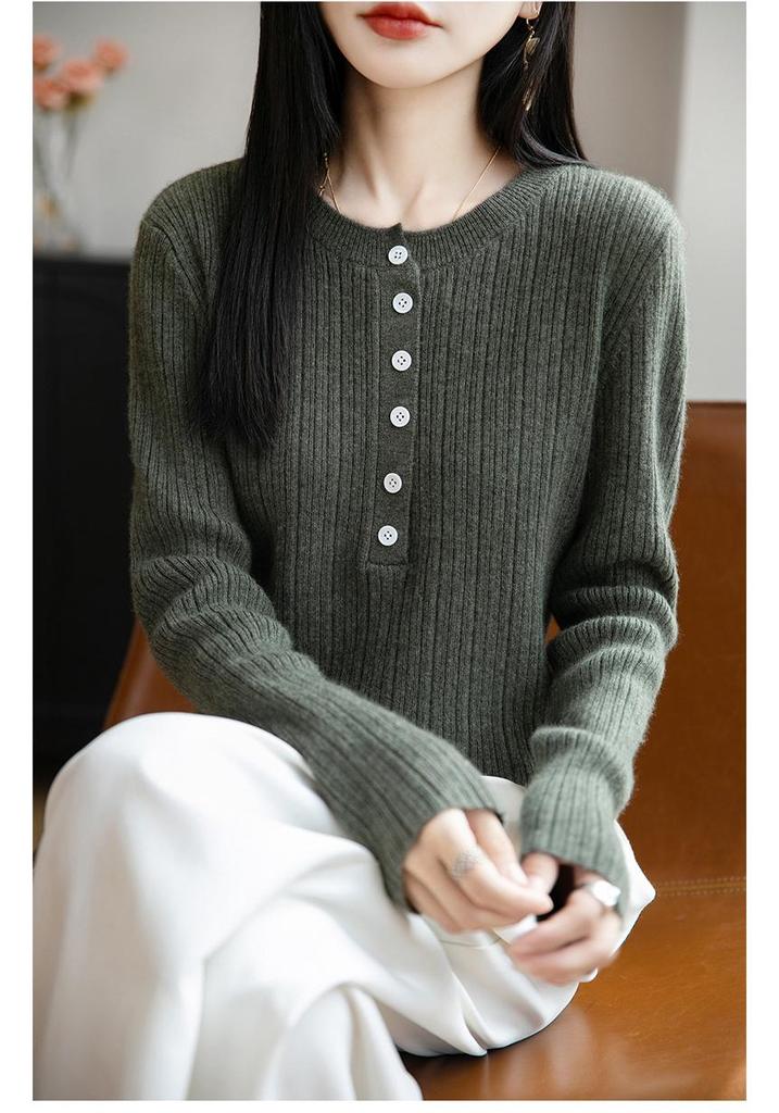Women's Pure Wool Round Neck Knitwear – Long Sleeve Solid Color Button-Down Loose Top