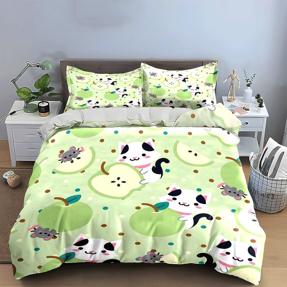 "Playful Cats and Apples Theme Printed Bedding Set" Exquisite Three-piece Bedding Set Gift for Kids and Adults