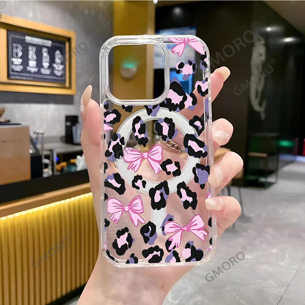 Pink Bow Leopard Print iPhone Mobile Phone Case Apple 17promax Magnetic Transparent Case 16 Anti-drop European and American Hot Sales