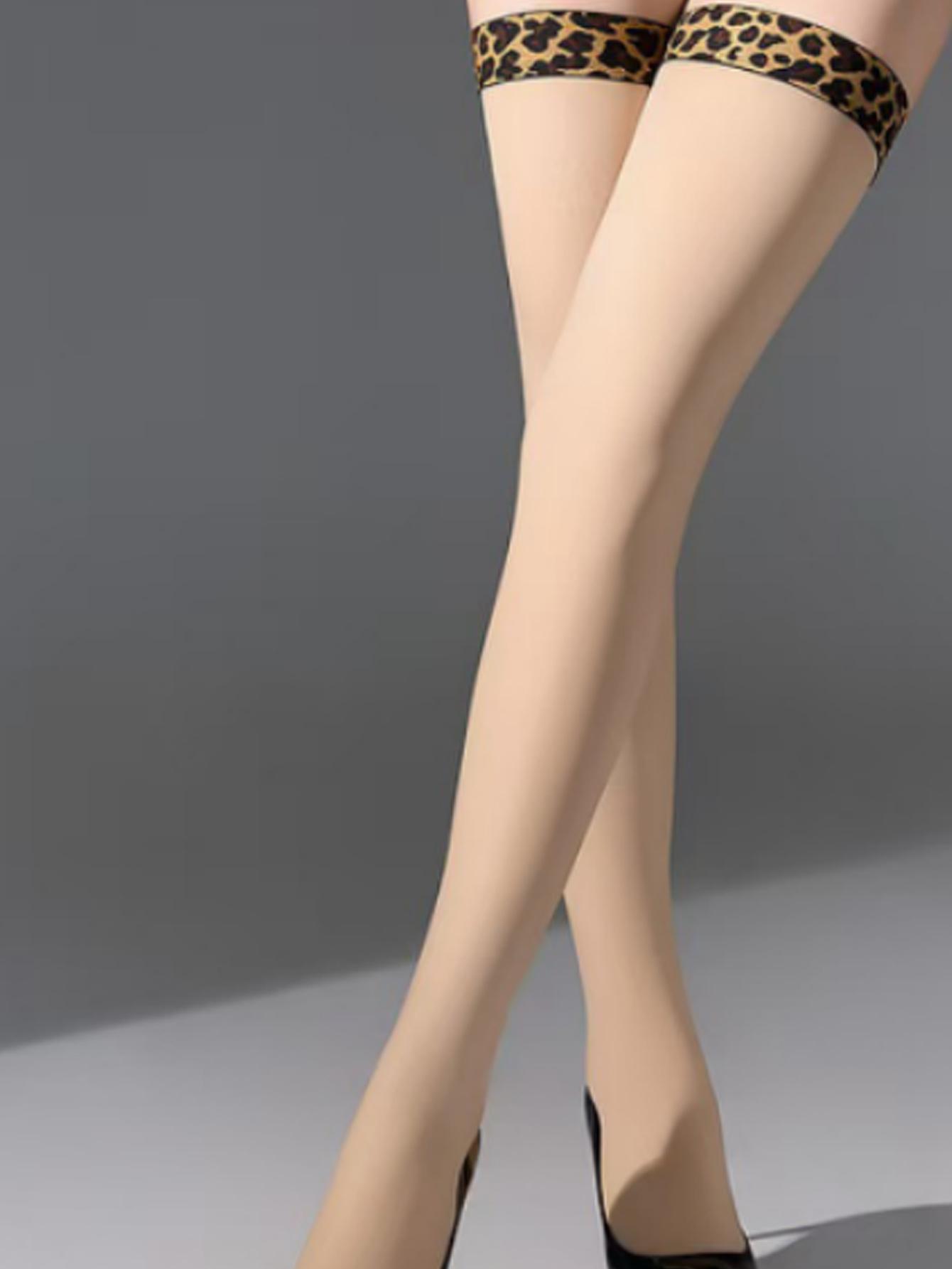 

1 Pair Women S Black Sexy Ultra-Thin Leopard Print Thigh High Socks, Party Exclusive, Wild Leopard Eye-Catching One Size