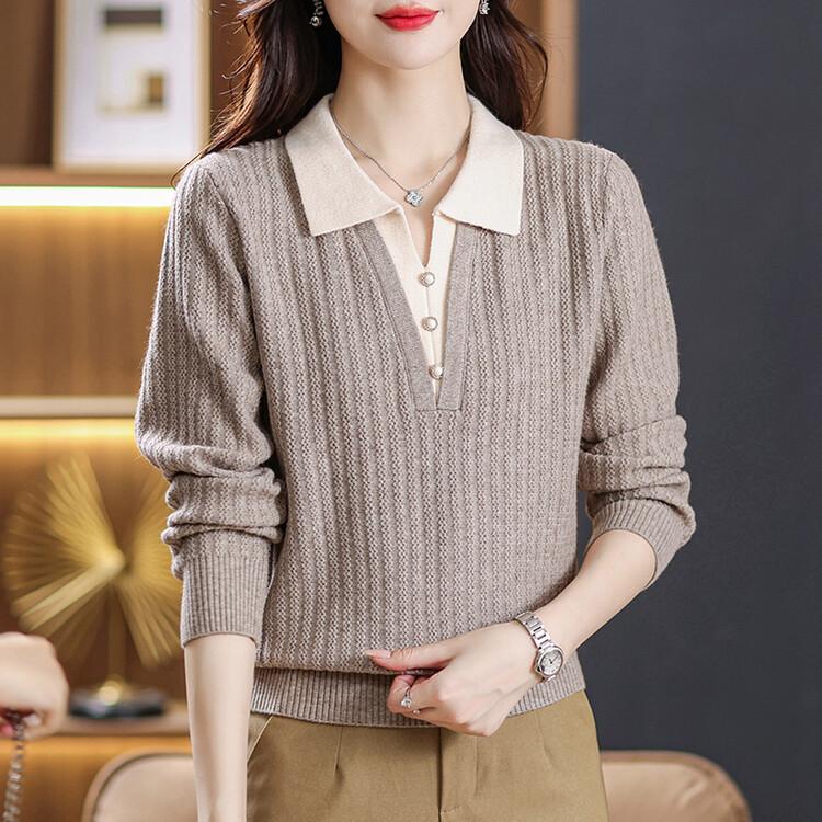 Fake Two Piece Knit Top Women Autumn Winter Middle Age Mom Fall Polo Collar Sweater Base Layer