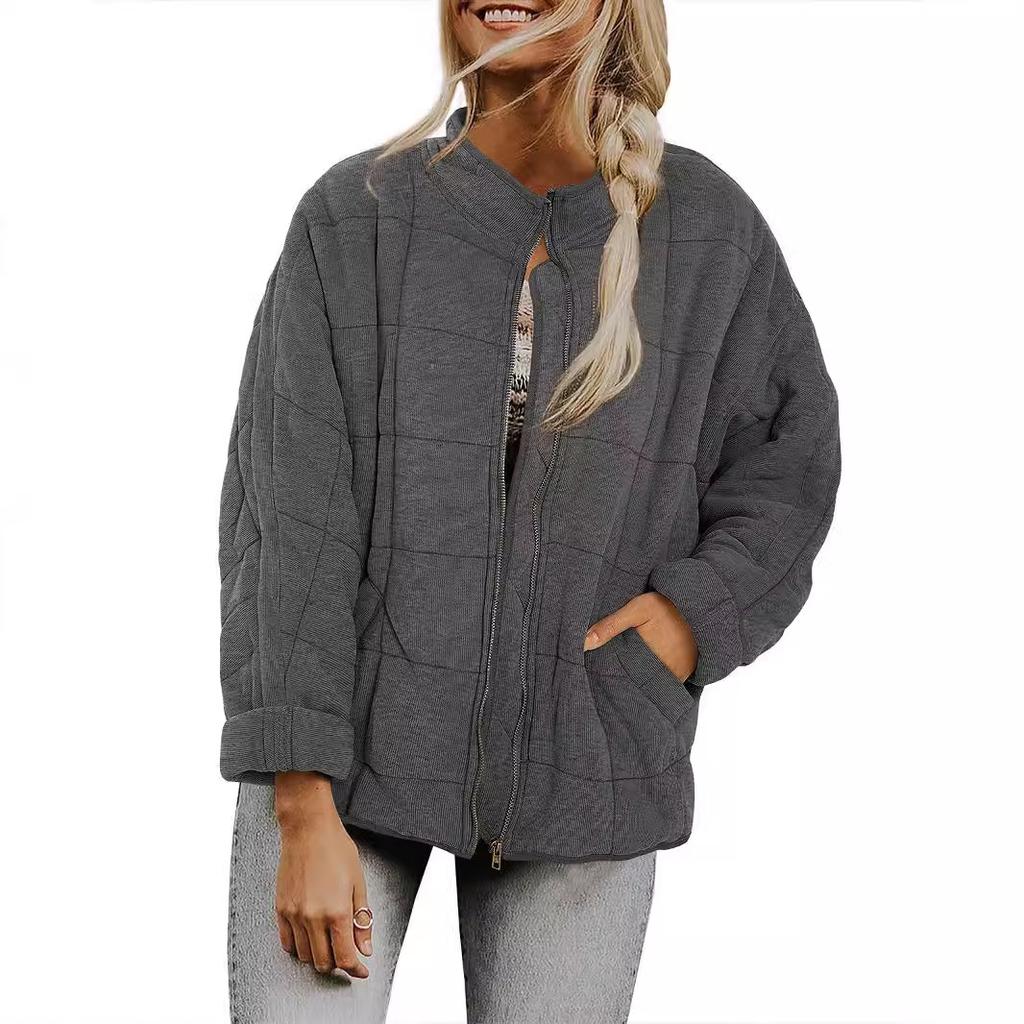 Women's Quilted Zip-Up Jacket with Square Stitch Design, Loose Fit, Multiple Color Options