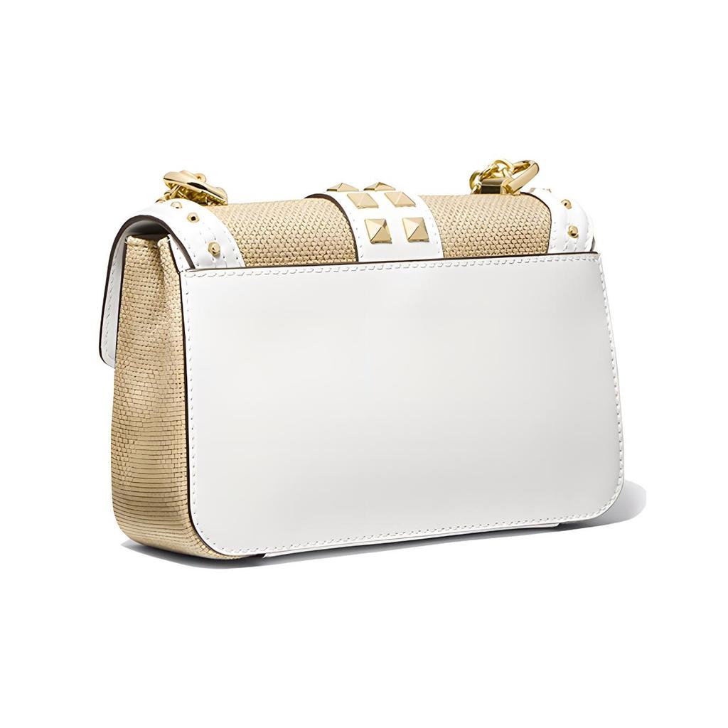 Michael Kors MK Soho Vintage Studded Flap Color Block Chain Commuter Canvas Leather Crossbody Bag Women Bags Brown White 30T1G1SL5K-OPTPLGOLD
