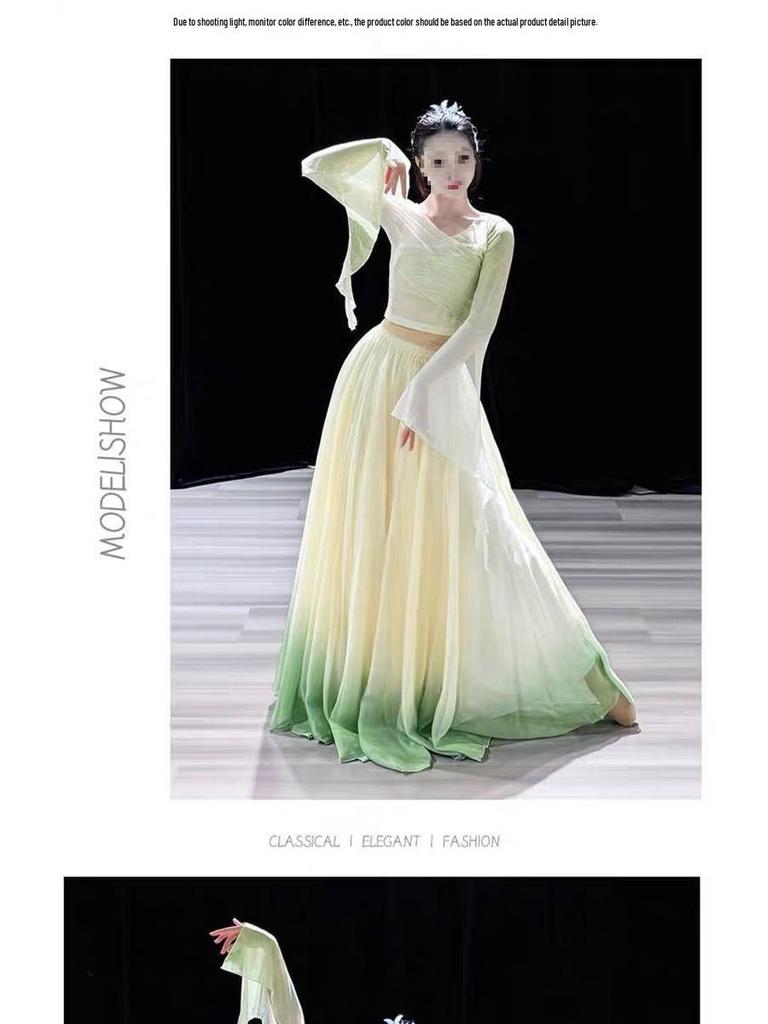 Damen 720° Grün Farbverlauf Fließender Chinesischer Tanzkostüm Rock