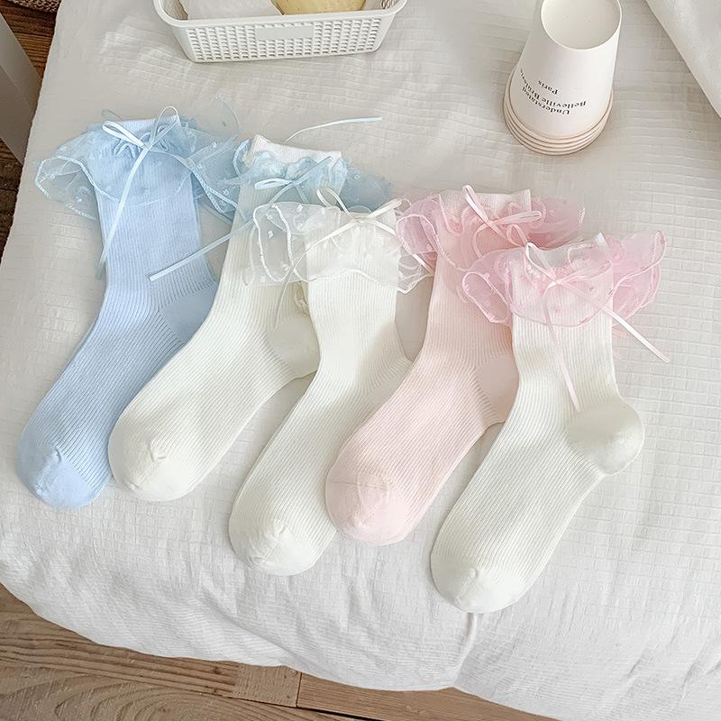 

Ladies Summer Thin Lovely Polka Dot Mesh Bow Boneless Tube Pile Socks 1 pair білий