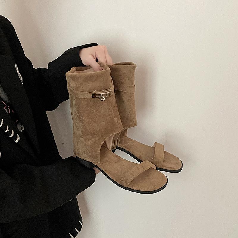 Versatile one-word with short boots retro open-toed cool boots women's summer fashion temperament western trousers boots wedges sandals