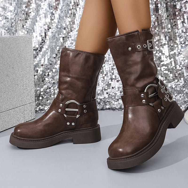 Fashion Punk Style Platform Ankle Boots Women Fashion Belt Buckle Thick Bottom Knight Boots Women Slip On Pu Leather Motorcycle Booties