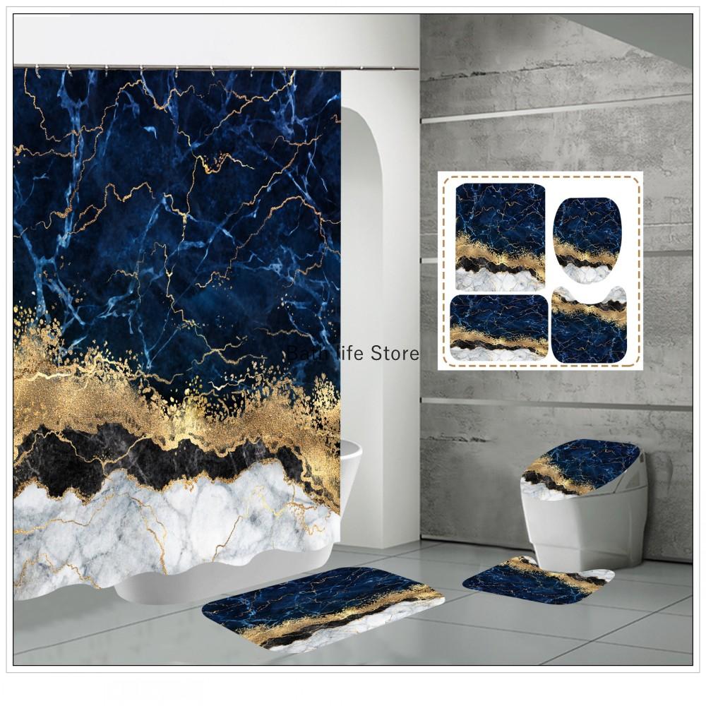 Luxury Golden White Marble Shower Curtain Modern With Non Slip Rug Mat Bathroom Waterproof Polyester Fashion Home Decor 180x180