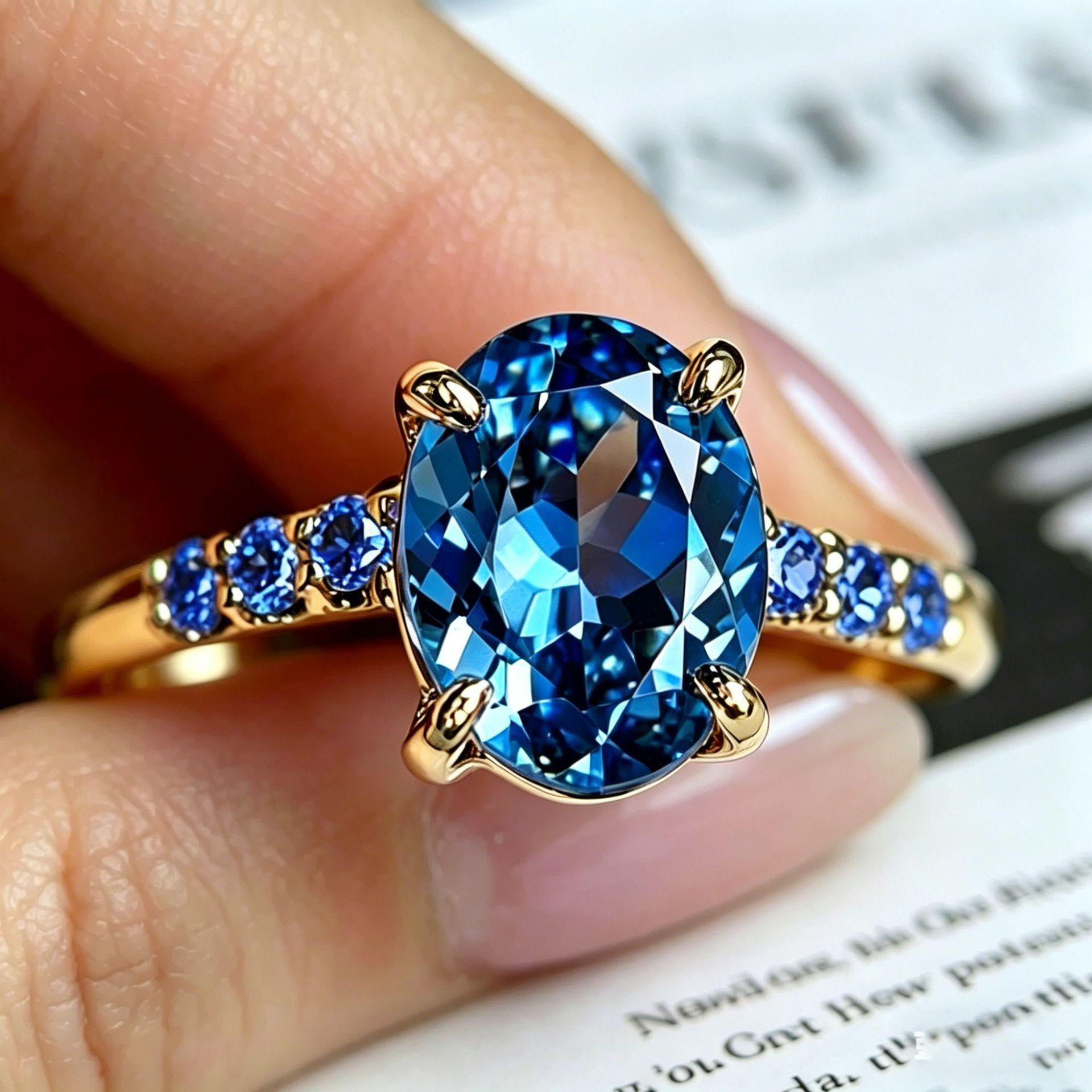 Yanbai Elegant Blue Oval Ring - Women s Retro Fashion Statement Piece Size 10