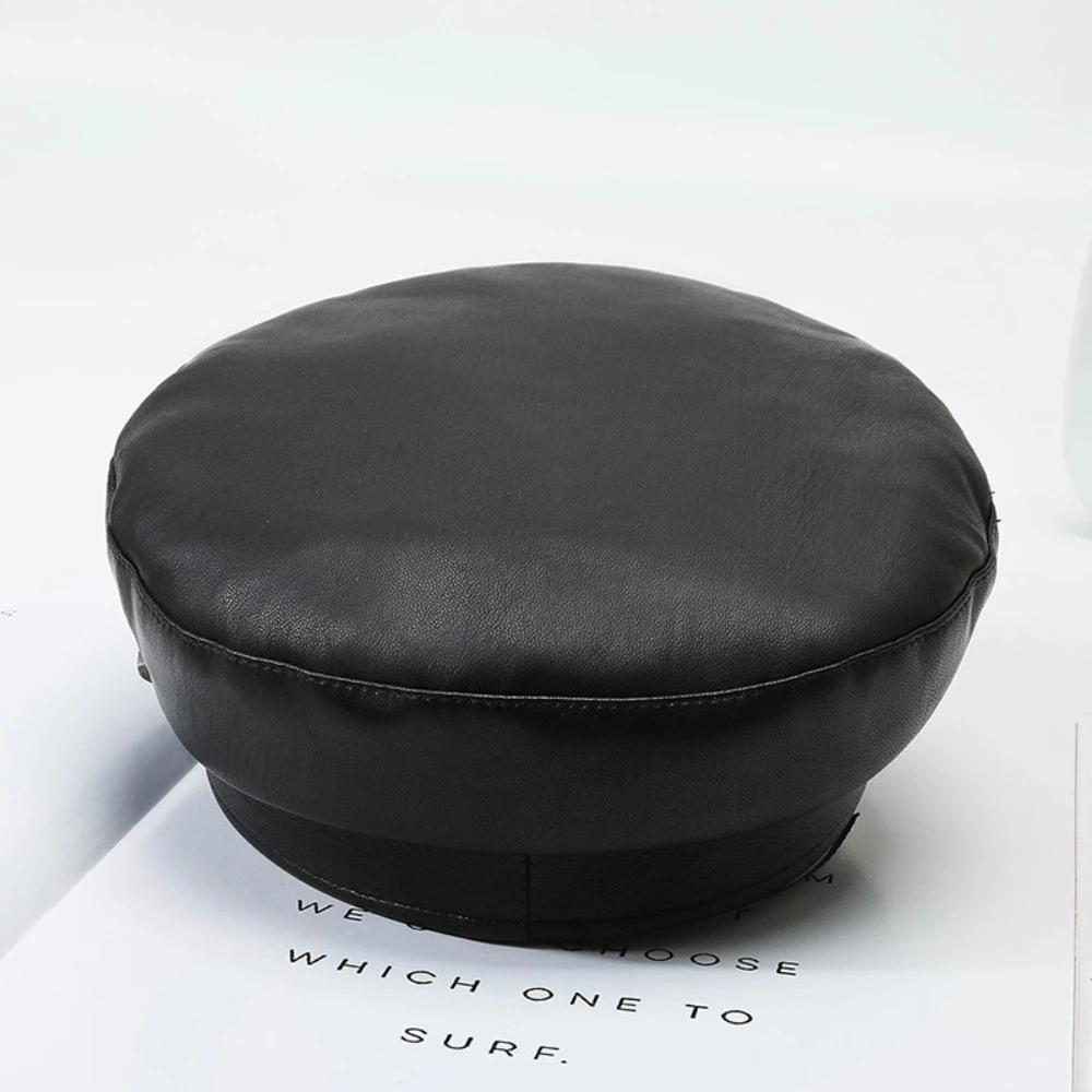 Women Men Fashion Leather Hat with Belt Buckle Military Beret Cap Flat Top Sailor Hat Black Autumn Spring Casual Vintage