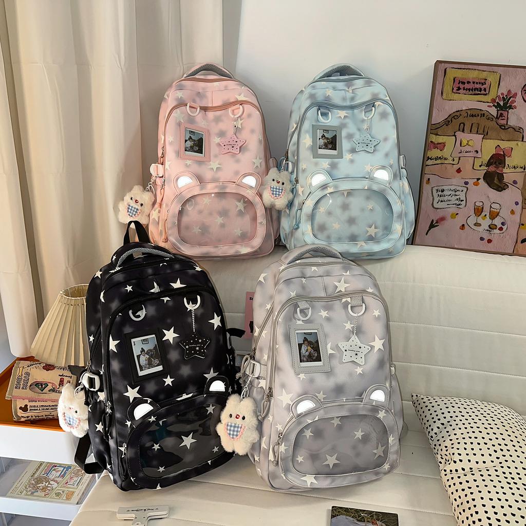 Schoolbag Korean version ins High value sweet pentagram transparent ears backpack for junior high school students large capacity class backpack