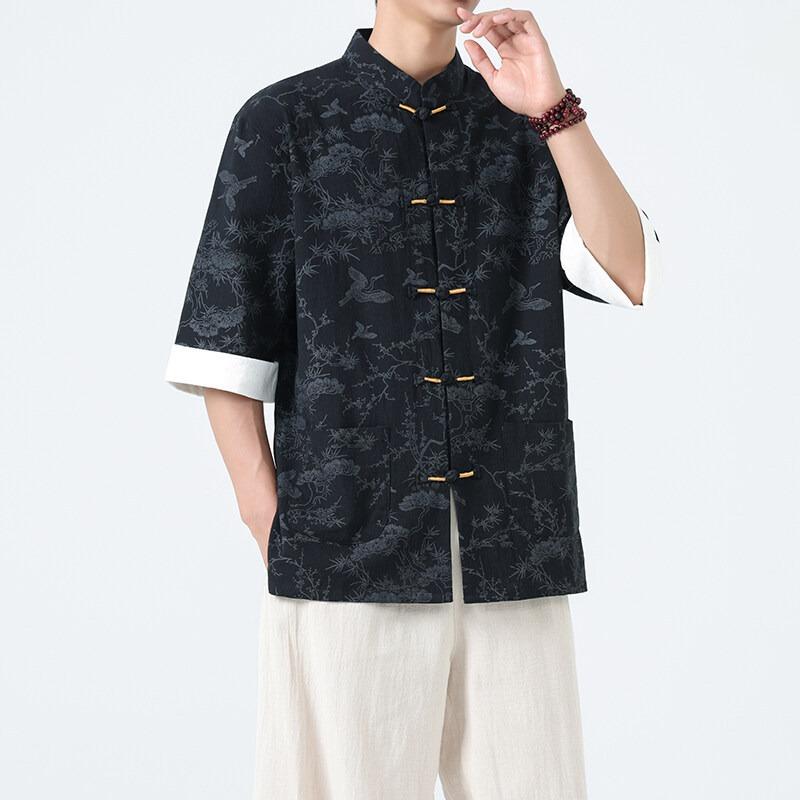 Men's Lightweight Mandarin Collar Printed Shirt Summer Chinese Style Oriental Design Casual Cultural Wear