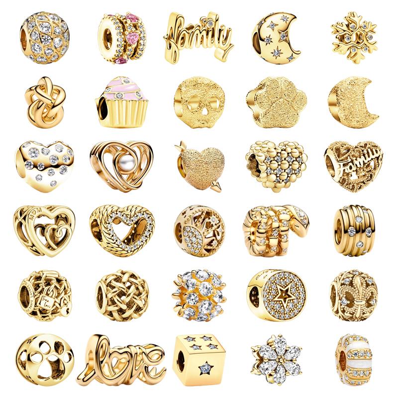 New Diy Jewelry Gift Engravable Heart & Arrow Double Sparkling Gold Flower & Heart Charm Beads Fit Original Bracelet Accessories