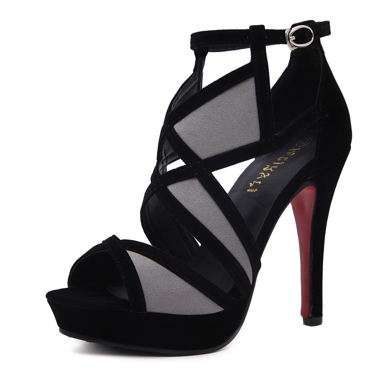 

2024 полые тонкие босоножки с застежкой «рыбий рот» женские сексуальные темпераментные цветные сандалии с перекрестными ремешками и пряжками на высоком каблуке 34 чёрный