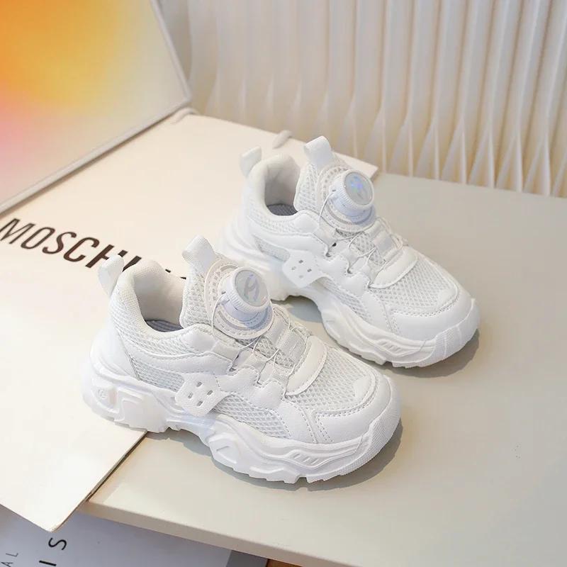 Children Casual Sports Shoes with Rotating Button Boys Girls Sneakers Mesh Breathable 2024 New Kids Running Shoes Thick Sole