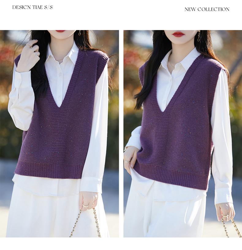 Women's Loose V-Neck Sequin Knit Vest - Fine Wool, Perfect for Spring & Autumn Layering