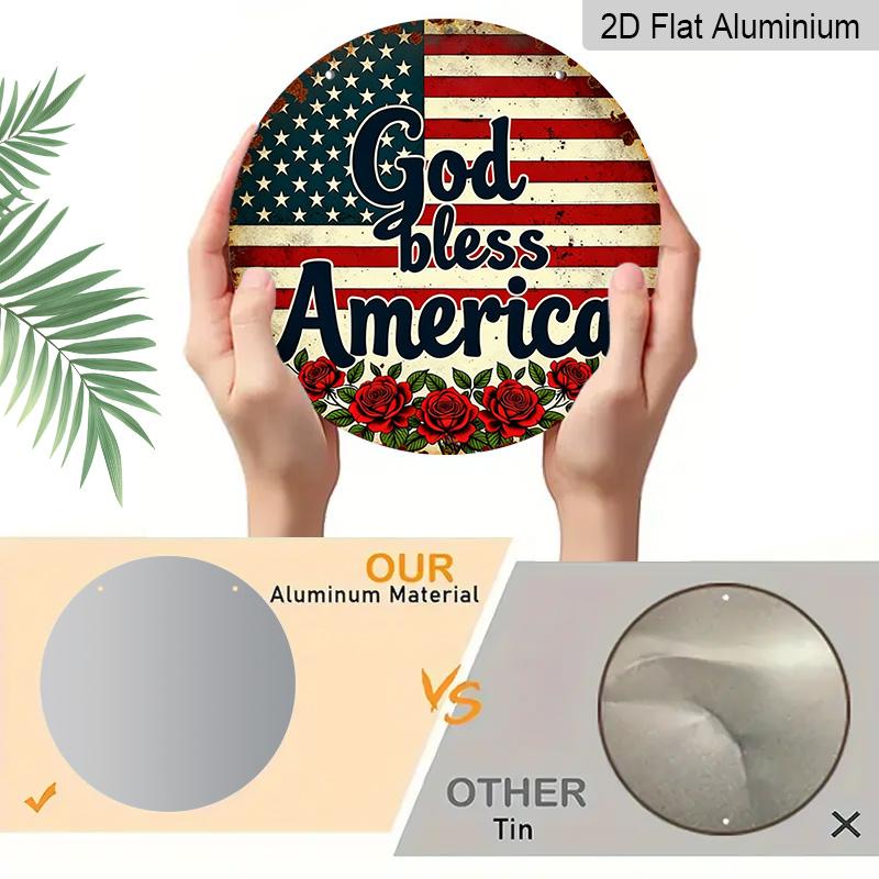 2D Flat, 1pc Heavy-Duty Retro God Bless America Round Metal Sign - Vintage Aluminum Wall Decor Suitable for Home, Office, Garage, 4th of July Gift