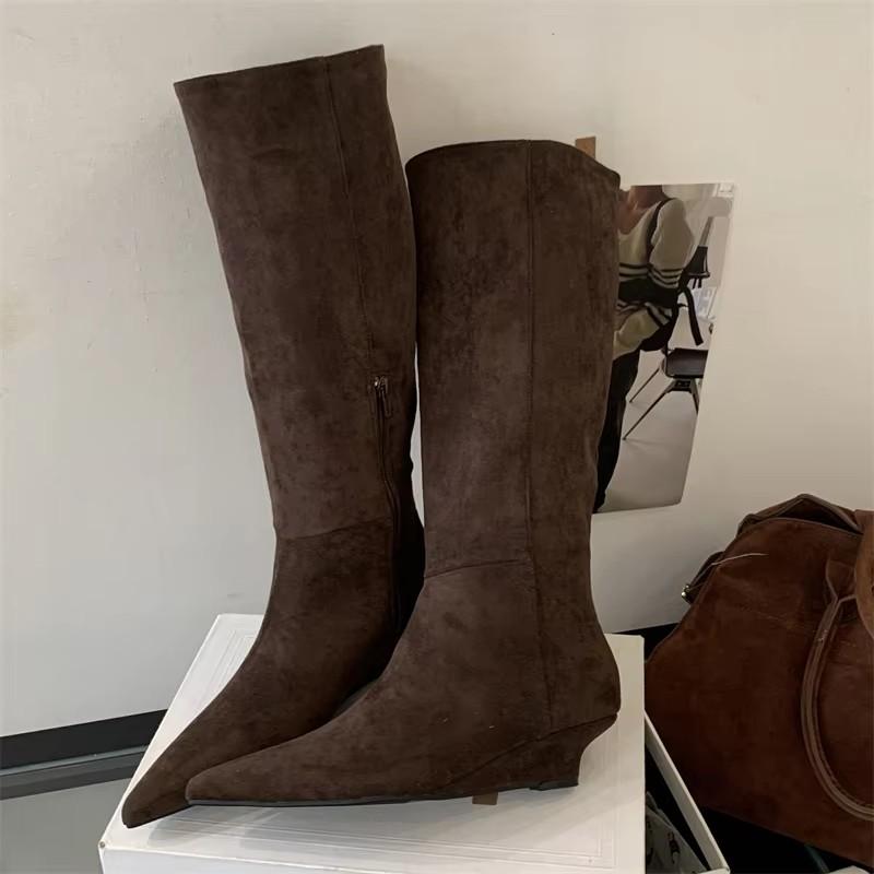 Fashion Eilyken Vintage Design Pointed Toe Women Knee High Boots Autumn Winter Wedges Heels Female Long Booties Zapatos De Muje