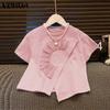 VONDA Women Summer Round Neck Short Sleeve Pearl Decorated Blouses