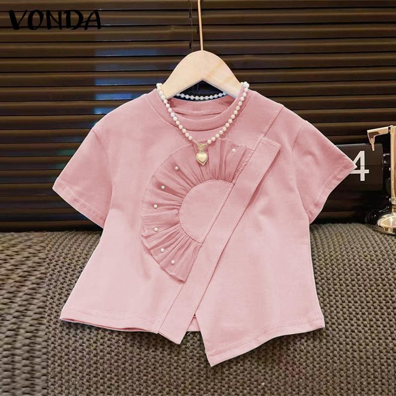 VONDA Women Summer Round Neck Short Sleeve Pearl Decorated Blouses