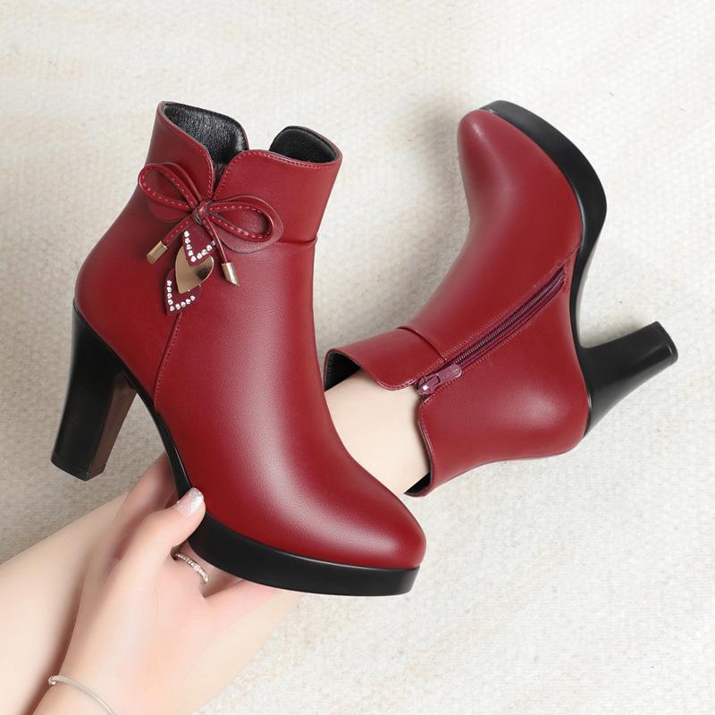 Coarse Heel High Heel Short Boots Women's Autumn and Winter New Leather Shoes Large Size New Fashion Boots Waterproof Table Cotton Boots