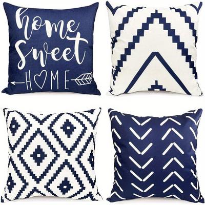 Blue White Geometric Rhythms Sweet WordsCover Bedroom Sofa Decoration Polyester Cushion Cover with Zipper