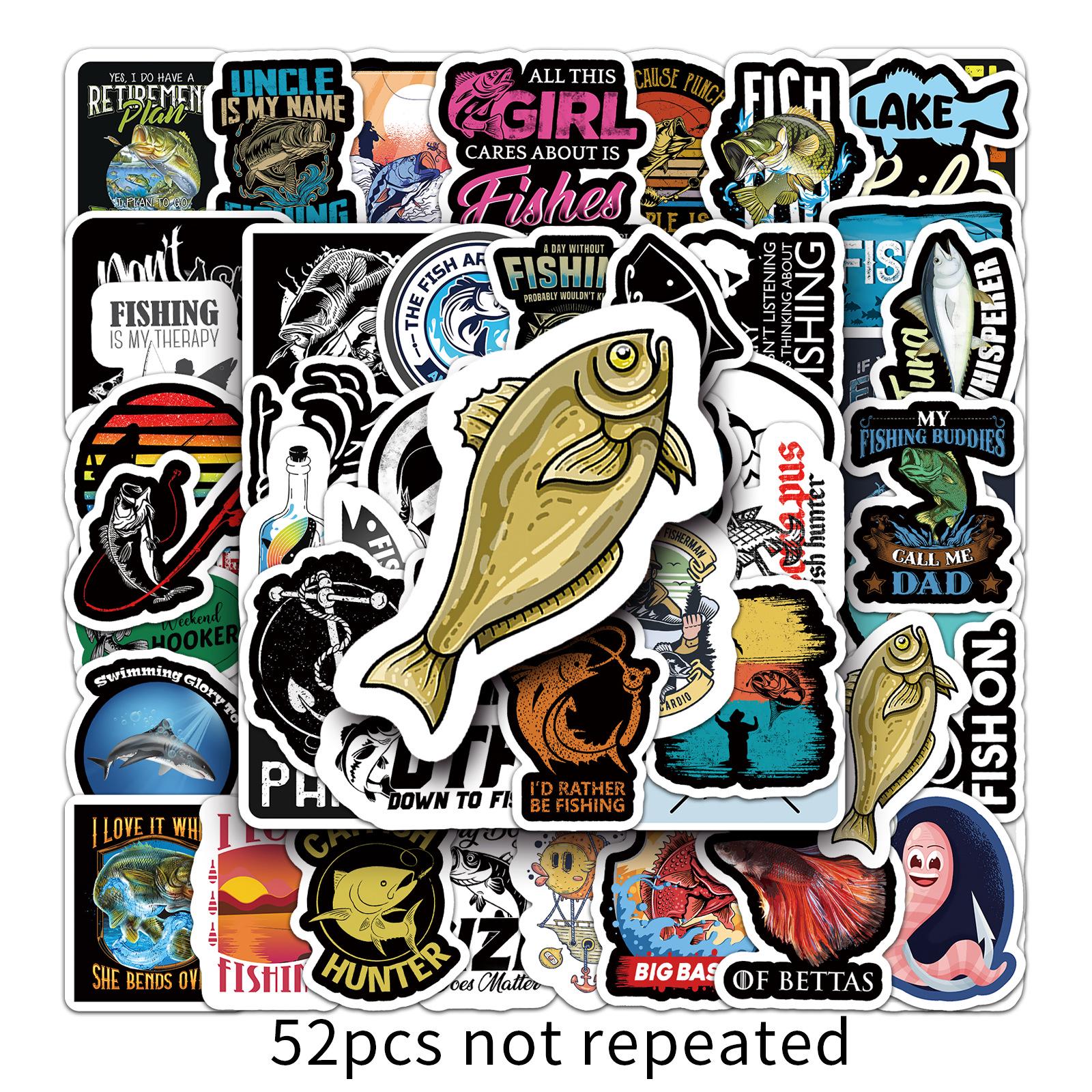 52-Piece Fishing-Themed Cartoon Waterproof Sticker Set for Luggage, Gear, and Guitar 5.5-8.5 cm