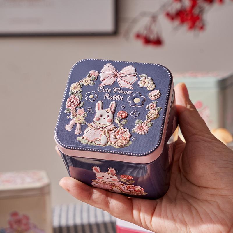 

1PC Rabbit Pattern 3D Relief Square Tin Box - Sealable Tinplate Container for Candy Biscuit Tea Storage Gift Home Decor
