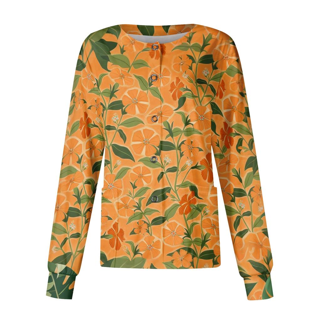 Women's Casual Long Sleeve Single Breasted Hawaiian Floral Print Nurse Jacket Cardigan Top Lightweight Comfortable Workwear
