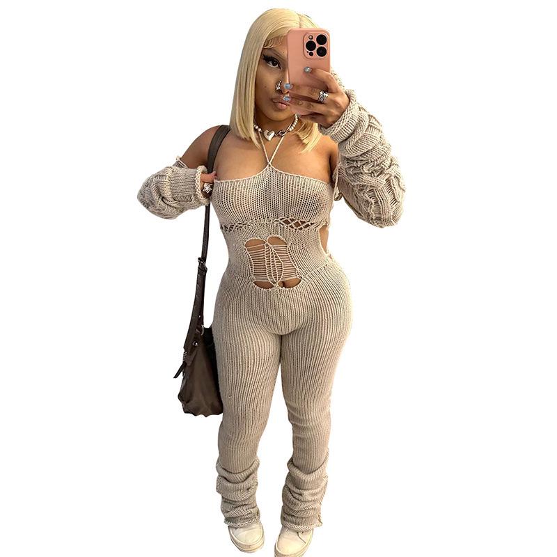 K23JP291 Women's Autumn/Winter 2023 Knitted Sleeve Cutout Jumpsuit with Baggy Pants