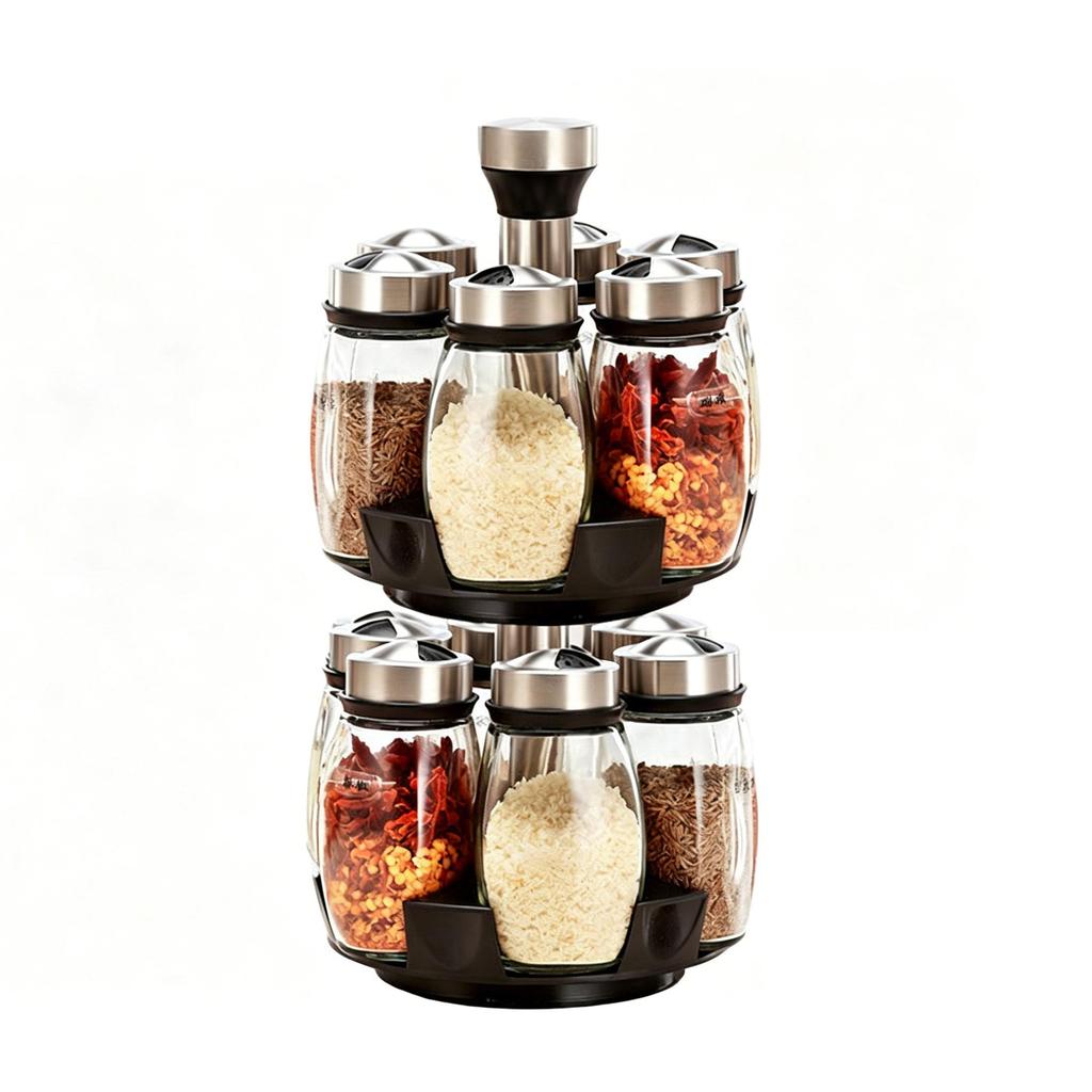 Rotating Spice Rack Set - 360° Revolving Glass Seasoning Jars with Stainless Steel Lids Food-Safe Lead-Free Glass for Kitchen Countertop, BBQ, Camping