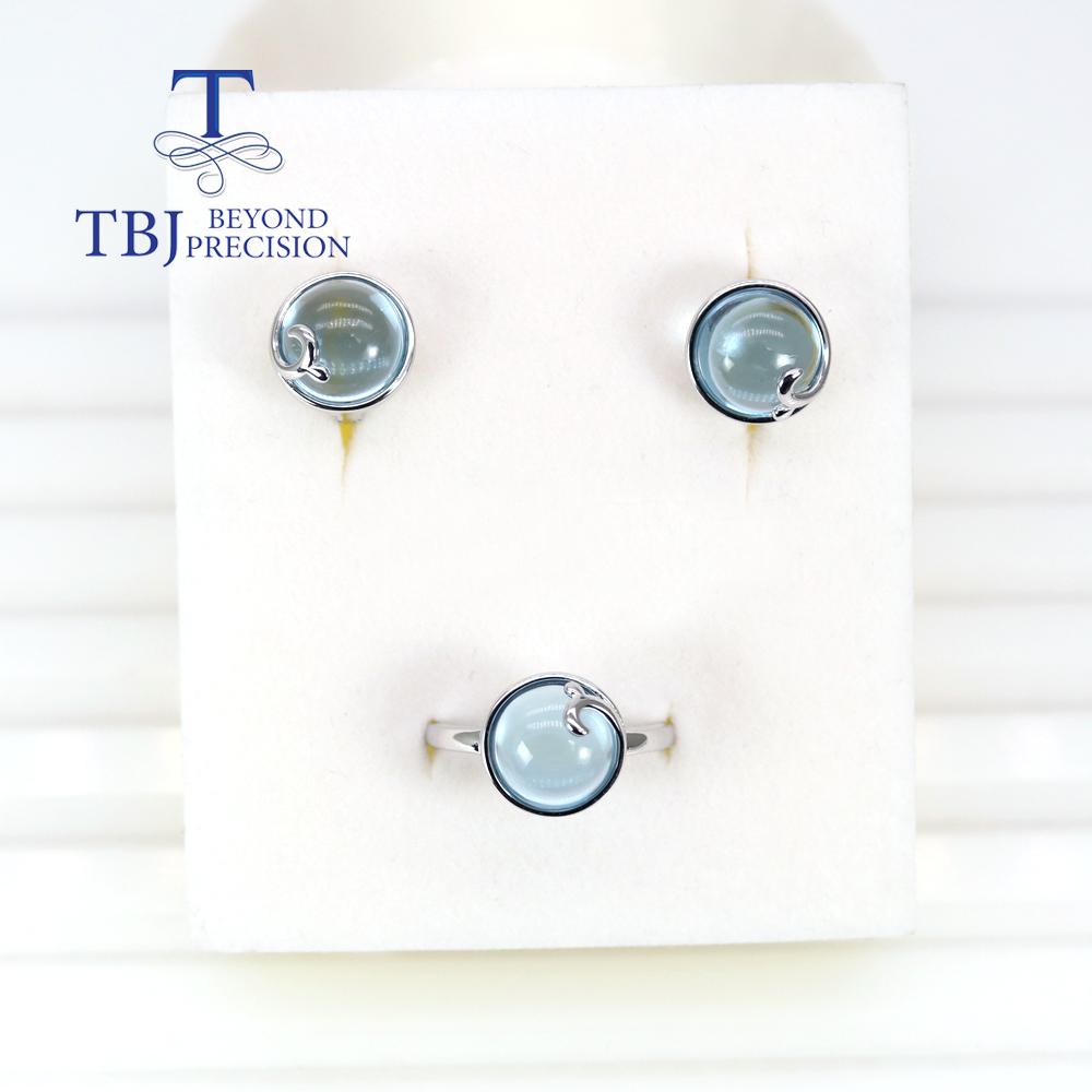 Bolaijewelry Jednoduché přírodní nebe Topaz Kulatý drahokam 10,0 mm Dámský prsten Náušnice Sada šperků 925 stříbro módní jemné šperky pro denní nošení
