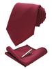 [Jemigins] Plain Dark RedBordeaux Silk Tie, Pocket Square, Tie Pin, and Handkerchief Set (3)