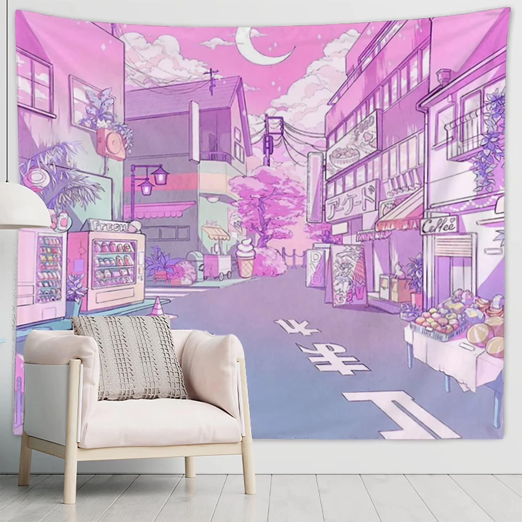 

Japanese Pink Moonlight Tapestry Aesthetic Moon Night Wall Hanging for Bedroom Dorm Living Room Cozy Room Vibes Decor Gift 74x94cm(29x37in)