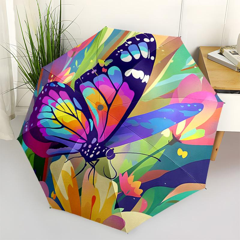 1pc Butterfly Garden Pattern Automatic Folding Umbrella - Compact 8-Rib Design, Durable Plastic & Iron, Lightweight for Outdoor Daily Use