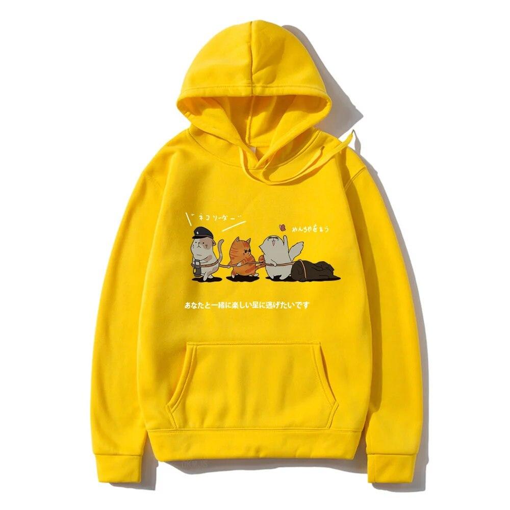 Men Hip Hop Unisex's Hoodies Streetwear Japanese Kanji Harajuku Funny Cat Unisex Hoodies Sweatshirts Autumn Winter Oversized Clothing