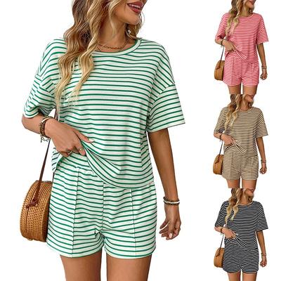 Women's Striped 2-Piece Outfit Summer Casual Loose Short Sleeve T-Shirt And Shorts Set Loungewear Tracksuit