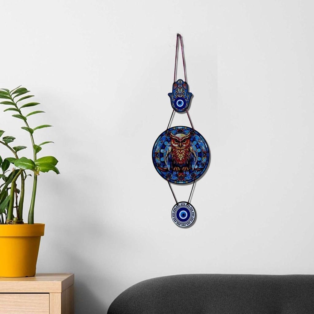 Wooden Evil Eye Owl Wall Hanging – Handcrafted Decorative Art for Home, Living Room, Bedroom, Entryway – Protection Amulet